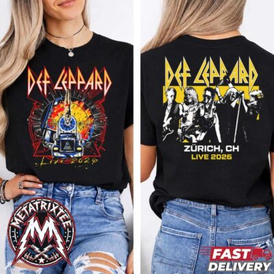 Front and back look of a model wearing the black Def Leppard Live 2026 Zurich Switzerland Tee featuring a bold vintage semi-truck graphic on the front and band group photo artwork on the back with ZÜRICH, CH LIVE 2026 printed below it.
