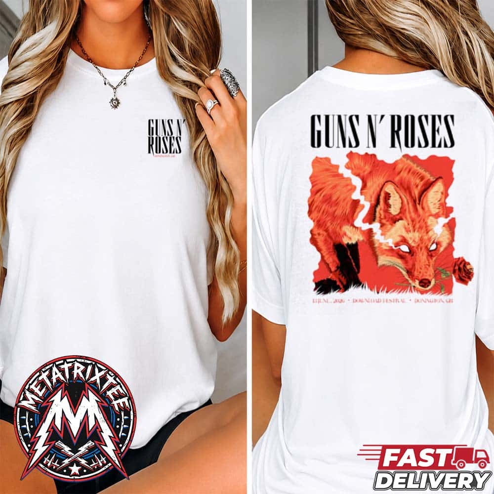 Download Festival XXIII 2026 x Guns N Roses Merch Tee By Jonas Santos For June 13 2026 In Donington GB White Short T-Shirt Download Festival XXIII 2026 x Guns N Roses Merch Tee By Jonas Santos For June 13 2026 In Donington GB White Short T-Shirt