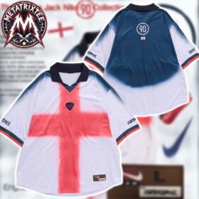 White travis scott england jersey with a red cross on the front and dark blue gradient shoulders shown from front and back views.