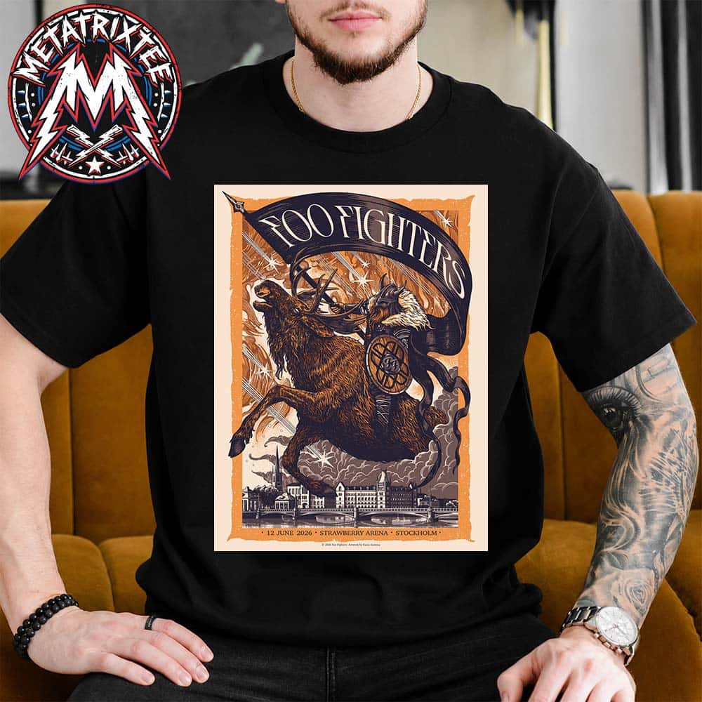 Foo Fighters Take Cover Tour 2026 In Stockholm Sweden At The Strawberry Arena On June 12 Art By Kasia Jasmina Short T-Shirt Foo Fighters Take Cover Tour 2026 In Stockholm Sweden At The Strawberry Arena On June 12 Art By Kasia Jasmina Short T-Shirt