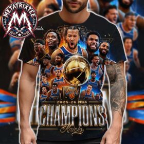 A man wearing a knicks 2026 nba champions shirt featuring the team roster and a golden championship trophy.