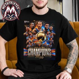 A man wearing a black knicks 2026 nba champions t-shirt featuring the roster artwork and the Larry O'Brien trophy.