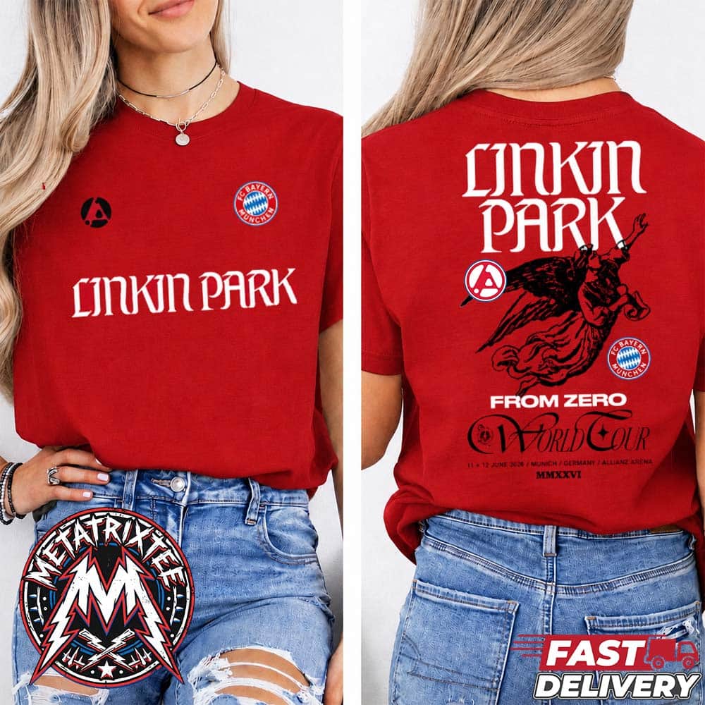 From Zero World Tour Linkin Park x FC Bayern Munchen 2026 For June 11 And 12 In Munich Germany And Allianz Arena White T-Shirt From Zero World Tour Linkin Park x FC Bayern Munchen 2026 For June 11 And 12 In Munich Germany And Allianz Arena White T-Shirt