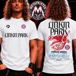 Front and back display of a man modeling the From Zero World Tour Linkin Park x FC Bayern Munchen 2026 White T-Shirt, showcasing the club crest alongside band logos and tour details.