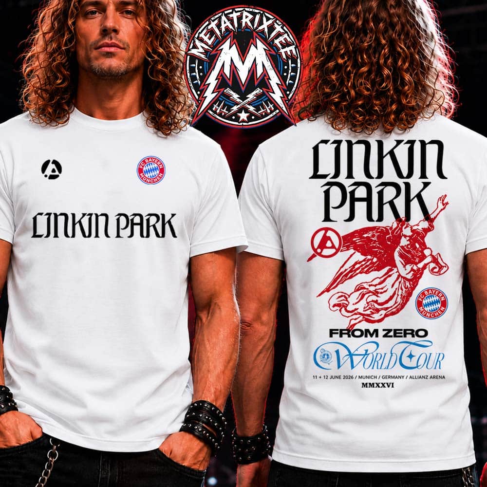 From Zero World Tour Linkin Park x FC Bayern Munchen 2026 For June 11 And 12 In Munich Germany And Allianz Arena White T-Shirt From Zero World Tour Linkin Park x FC Bayern Munchen 2026 For June 11 And 12 In Munich Germany And Allianz Arena White T-Shirt