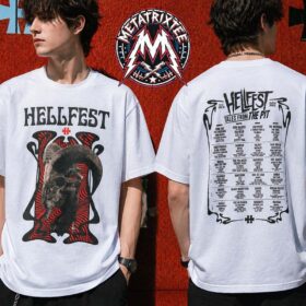 A side-by-side view highlighting the front and back layout of the Goat Skull Tee For Hellfest 2026 Clisson France On June 18 To June 21 2026 Two Sided Print White T-Shirt. The front displays a detailed goat skull design with red patterned accents under the bold Hellfest logo, while the back showcases the festival band lineup framed by black illustrative borders.