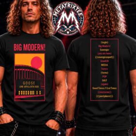 Black t-shirt with a stadium graphic and Big Modern text on front, song list on back, designed as a classic goose concert tee.