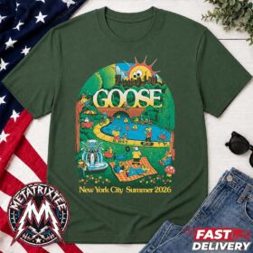 Forest green lewy jones nyc event tee featuring a colorful park illustration with animated characters and a fountain.
