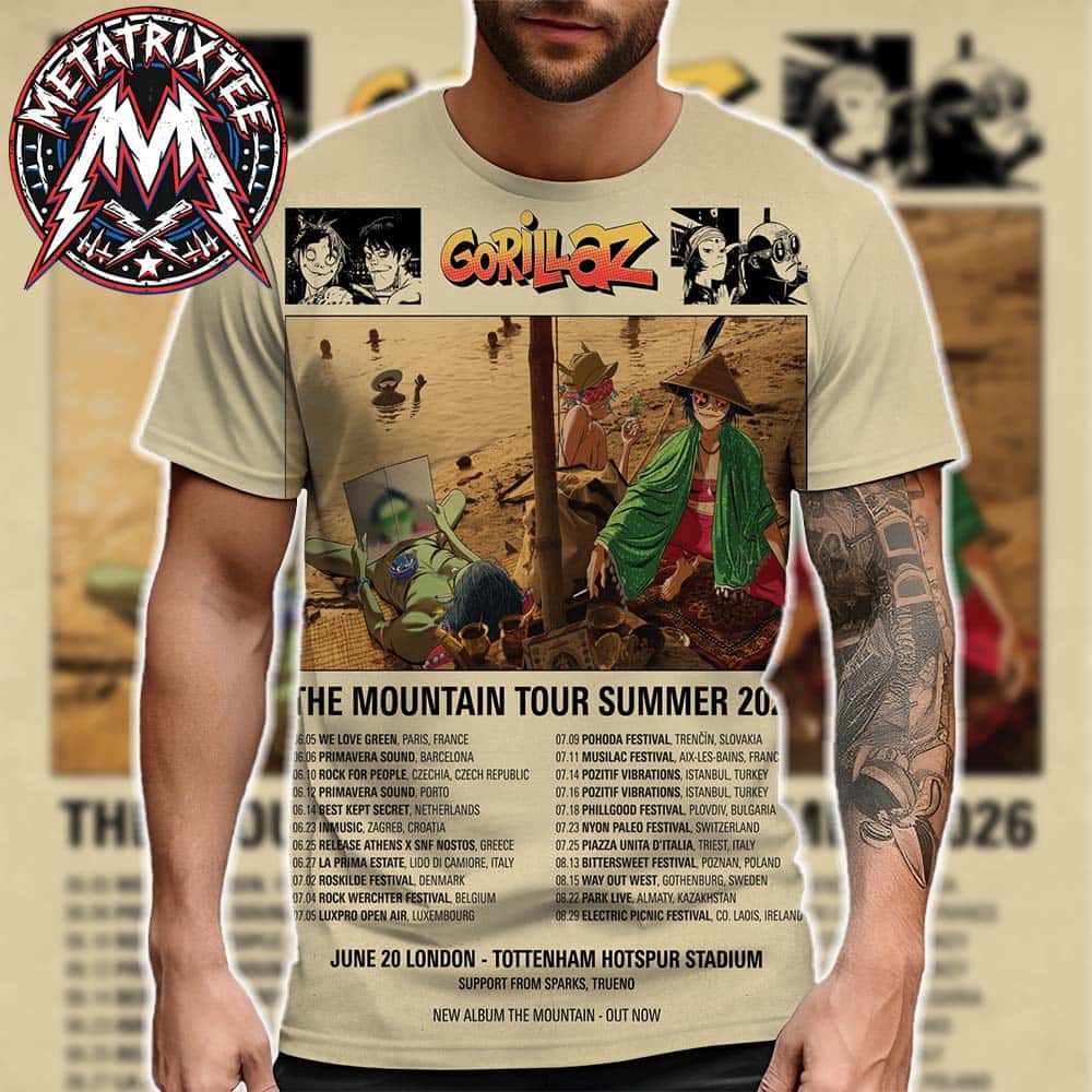 Gorillaz The Mountain Tour Summer 2026 Dates List For June 5 To August 29 All Over Print Shirt Gorillaz The Mountain Tour Summer 2026 Dates List For June 5 To August 29 All Over Print Shirt