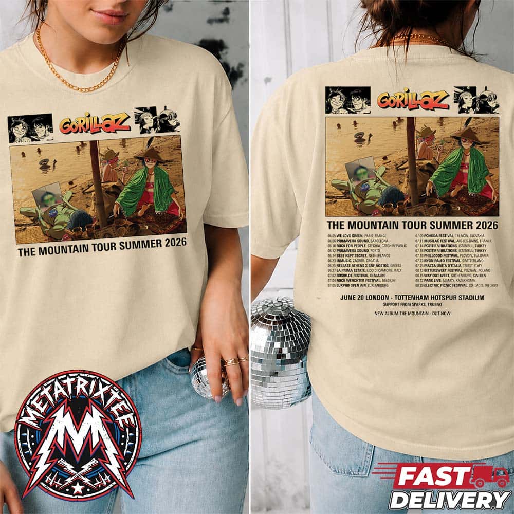 Gorillaz The Mountain Tour Summer 2026 Dates List For June 5 To August 29 Two Sided Print T-Shirt Gorillaz The Mountain Tour Summer 2026 Dates List For June 5 To August 29 Two Sided Print T-Shirt