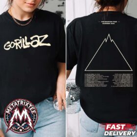 A side-by-side product preview demonstrating a black Gorillaz The Mountain Tour Summer 2026 Merch Dates List Tee Black T-Shirt. The front of the garment shows stylized graphics of the virtual band characters underneath the tour title, while the back displays a detailed list of tour dates spanning across the summer of 2026.