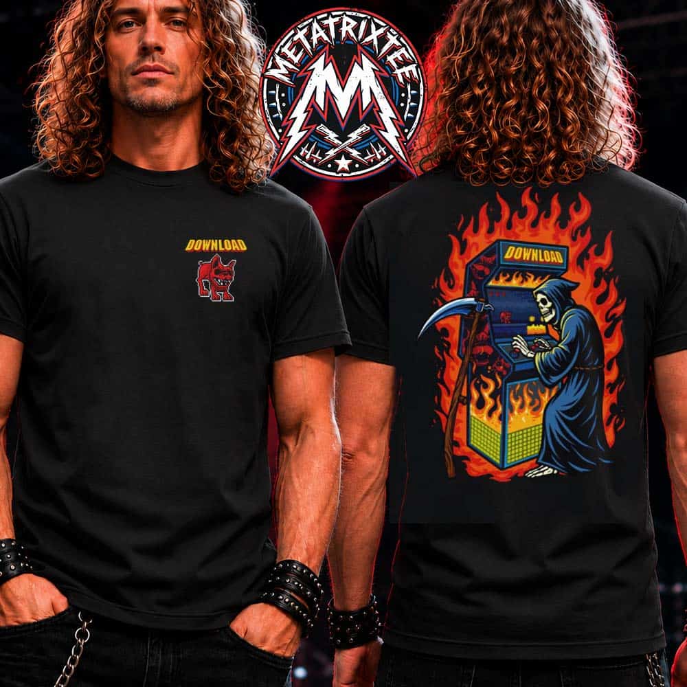 Grim Gamer Tee For Download Festival XXIII 2026 Donington Park UK On 10th-14th June 2026 Two Sided Black T-Shirt Grim Gamer Tee For Download Festival XXIII 2026 Donington Park UK On 10th-14th June 2026 Two Sided Black T-Shirt