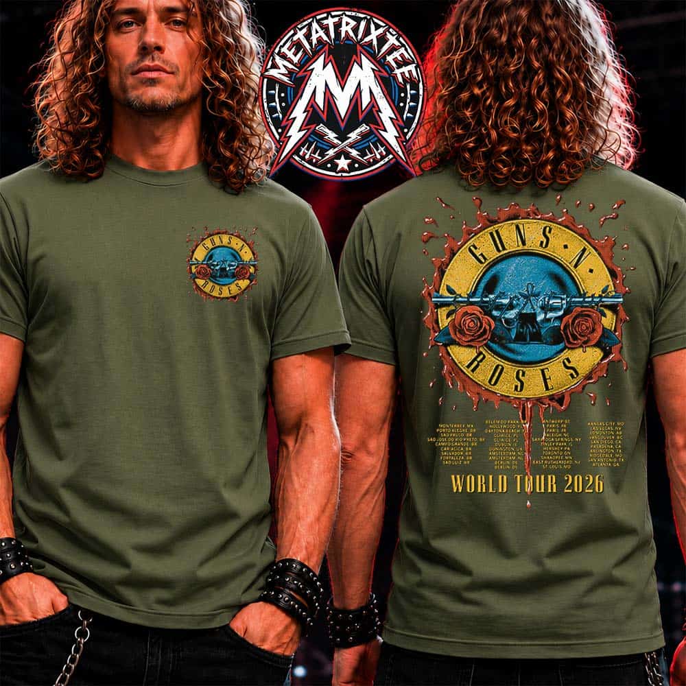 Guns N Roses Blood Splatter Logo Tee World Tour 2026 Cities List Two Sided Military Green T-Shirt Guns N Roses Blood Splatter Logo Tee World Tour 2026 Cities List Two Sided Military Green T-Shirt