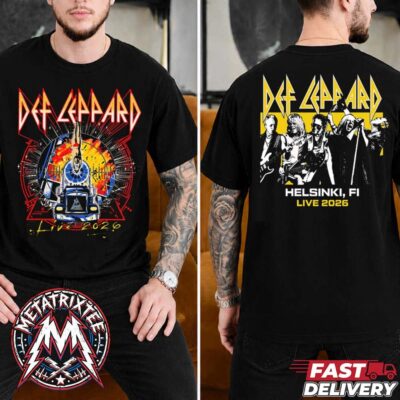 A side-by-side view of a man showing off the Helsinki Finland Def Leppard Live 2026 Merch Tee For June 16 2026 At Veikkaus Arena Two Sided Black Short T-Shirt, displaying a flaming semi-truck artwork on the front and a yellow-blocked band member graphic on the back with text reading HELSINKI, FI LIVE 2026.