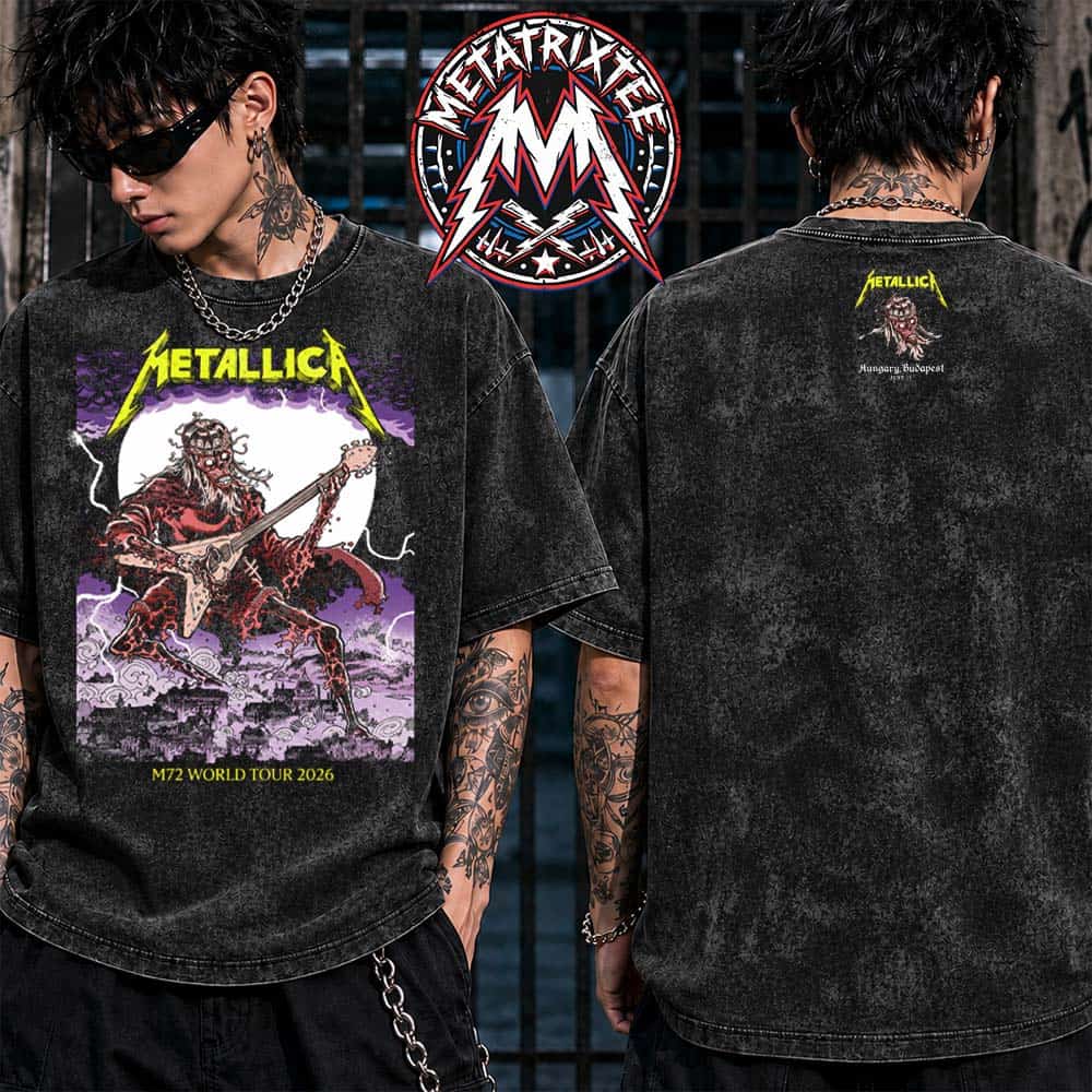 Hungary Metallica M72 Budapest Skeleton King Guitar Merch Tee By Mark Lazlo For Night One June 11th 2026 At Puskas Arena Washed T-Shirt Hungary Metallica M72 Budapest Skeleton King Guitar Merch Tee By Mark Lazlo For Night One June 11th 2026 At Puskas Arena Washed T-Shirt