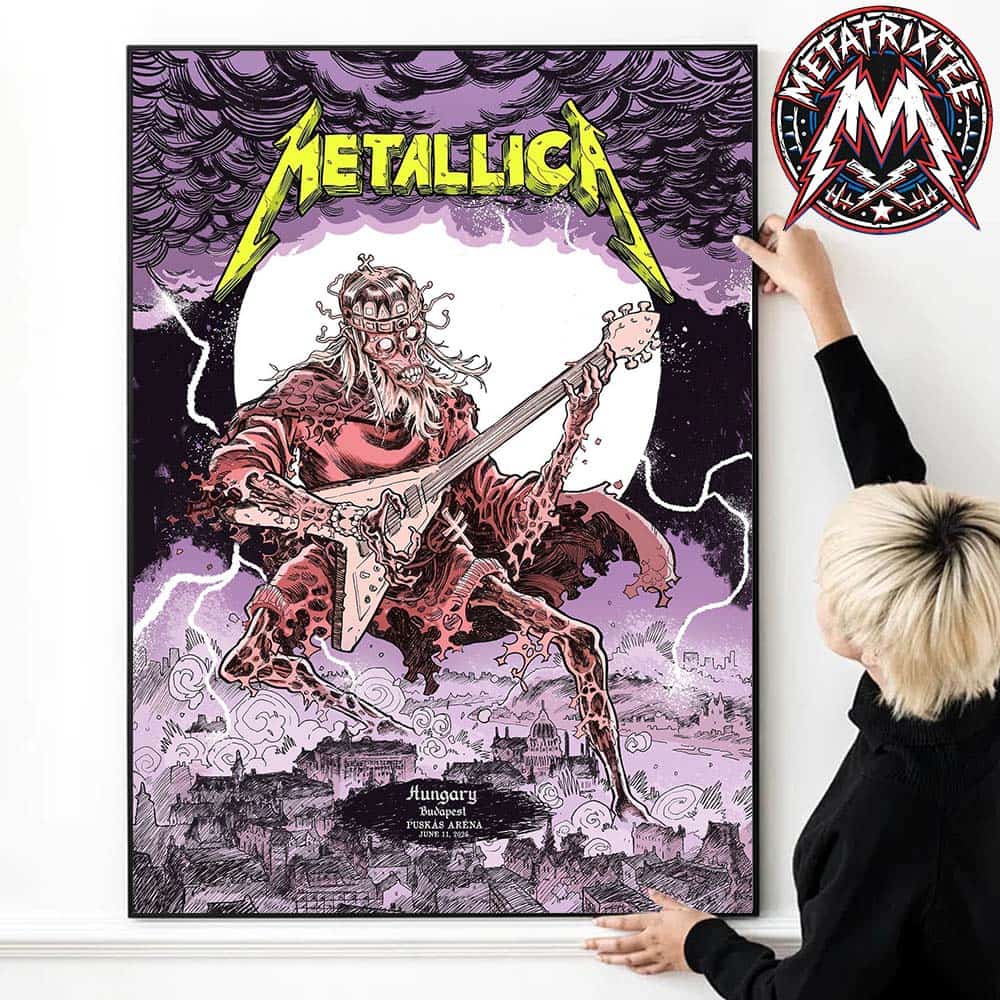 Hungary Metallica M72 Budapest Skeleton King Guitar Poster Art Mark Lazlo For Night One June 11th 2026 At Puskas Arena Durable Poster Canvas Hungary Metallica M72 Budapest Skeleton King Guitar Poster Art Mark Lazlo For Night One June 11th 2026 At Puskas Arena Durable Poster Canvas
