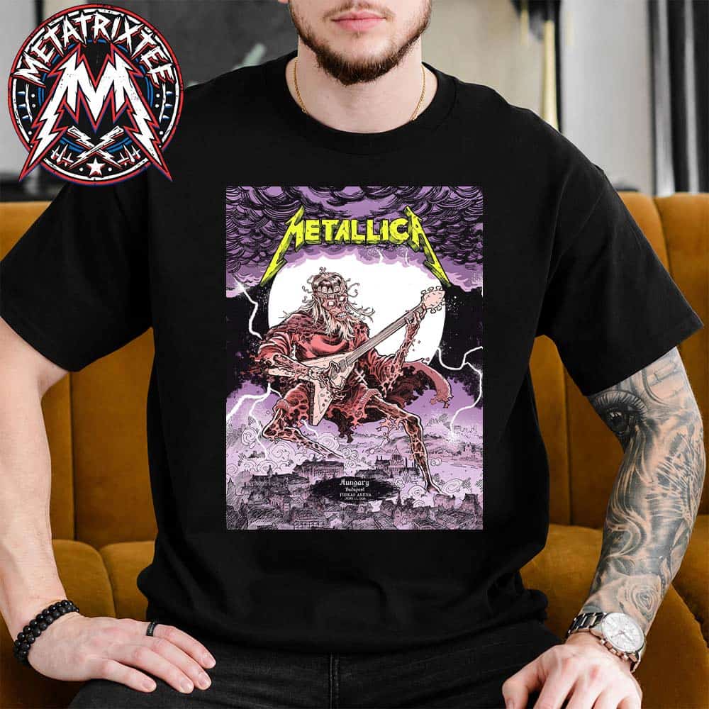 Hungary Metallica M72 Budapest Skeleton King Guitar Poster Art Mark Lazlo For Night One June 11th 2026 At Puskas Arena Short T-Shirt Hungary Metallica M72 Budapest Skeleton King Guitar Poster Art Mark Lazlo For Night One June 11th 2026 At Puskas Arena Short T-Shirt