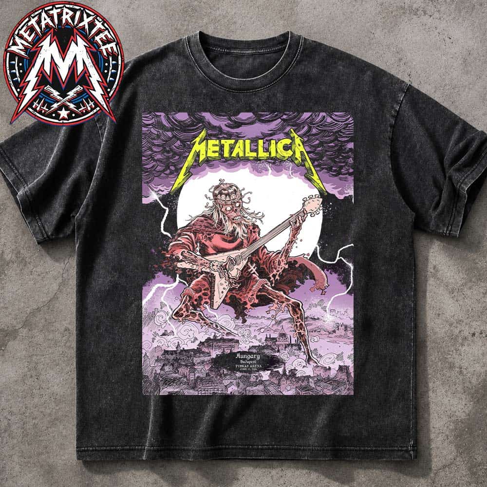 Hungary Metallica M72 Budapest Skeleton King Guitar Poster Art Mark Lazlo For Night One June 11th 2026 At Puskas Arena Washed T-Shirt Hungary Metallica M72 Budapest Skeleton King Guitar Poster Art Mark Lazlo For Night One June 11th 2026 At Puskas Arena Washed T-Shirt