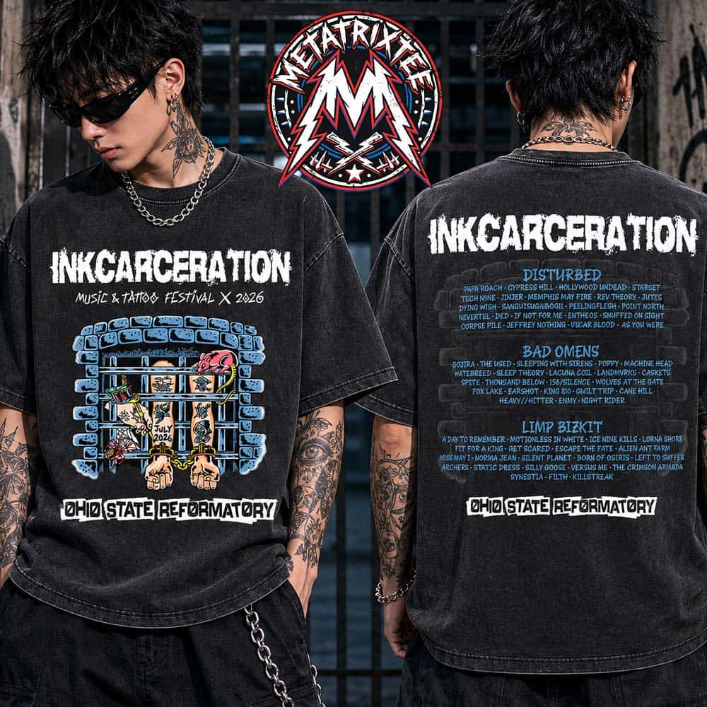 Inkcarceration Festival 2026 Merch Free Ink Tee On July 17-19 2026 At The Historic Ohio State Reformatory In Mansfield Ohio Two Sided Washed T-Shirt Inkcarceration Festival 2026 Merch Free Ink Tee On July 17-19 2026 At The Historic Ohio State Reformatory In Mansfield Ohio Two Sided Washed T-Shirt