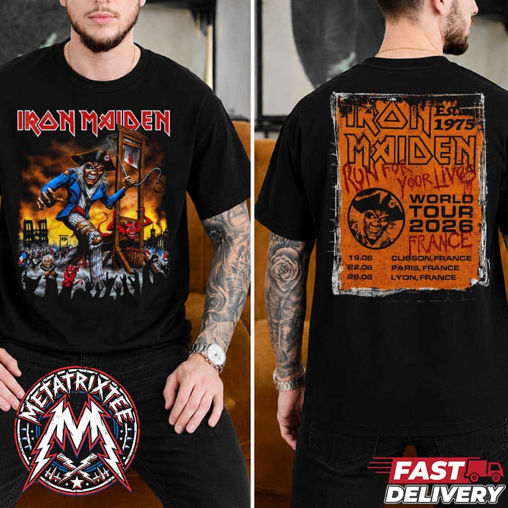 Iron Maiden France 2026 Tee Run For Your Lives World Tour 2026 June 19 Clisson And June 28 Paris And June 28 Lyon Black Short T-Shirt Iron Maiden France 2026 Tee Run For Your Lives World Tour 2026 June 19 Clisson And June 28 Paris And June 28 Lyon Black Short T-Shirt