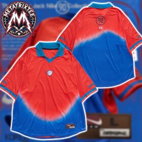 Red and blue travis scott korea jersey with a gradient design shown from both the front and back view.