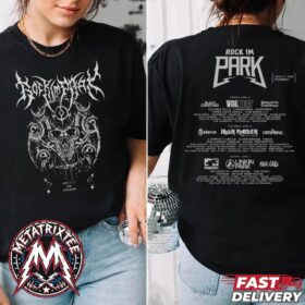 A woman modeling a black vintage t-shirt featuring the front skull artwork and the detailed back artist lineup for the festival.