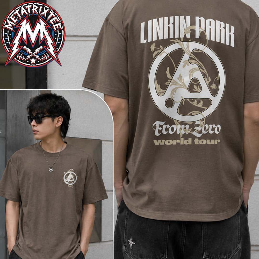 Linkin Park LP Munich Ornate Tee For From Zero World Tour 2026 Munich Pop Up Two Sided Print Brown T-Shirt Linkin Park LP Munich Ornate Tee For From Zero World Tour 2026 Munich Pop Up Two Sided Print Brown T-Shirt