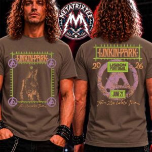 Man wearing the front and back of a brown linkin park lisbon 2026 t-shirt with festival graphics.