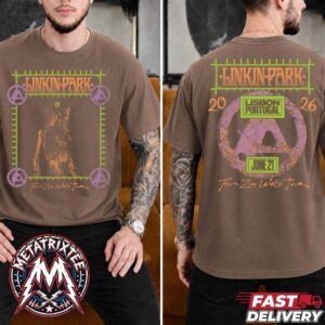 Linkin Park Lisbon Portugal 2026 Merchandise Tee For Rock in Rio Festival On June 21st From Zero World Tour Europe 2026 Two Sided Brown T Shirt