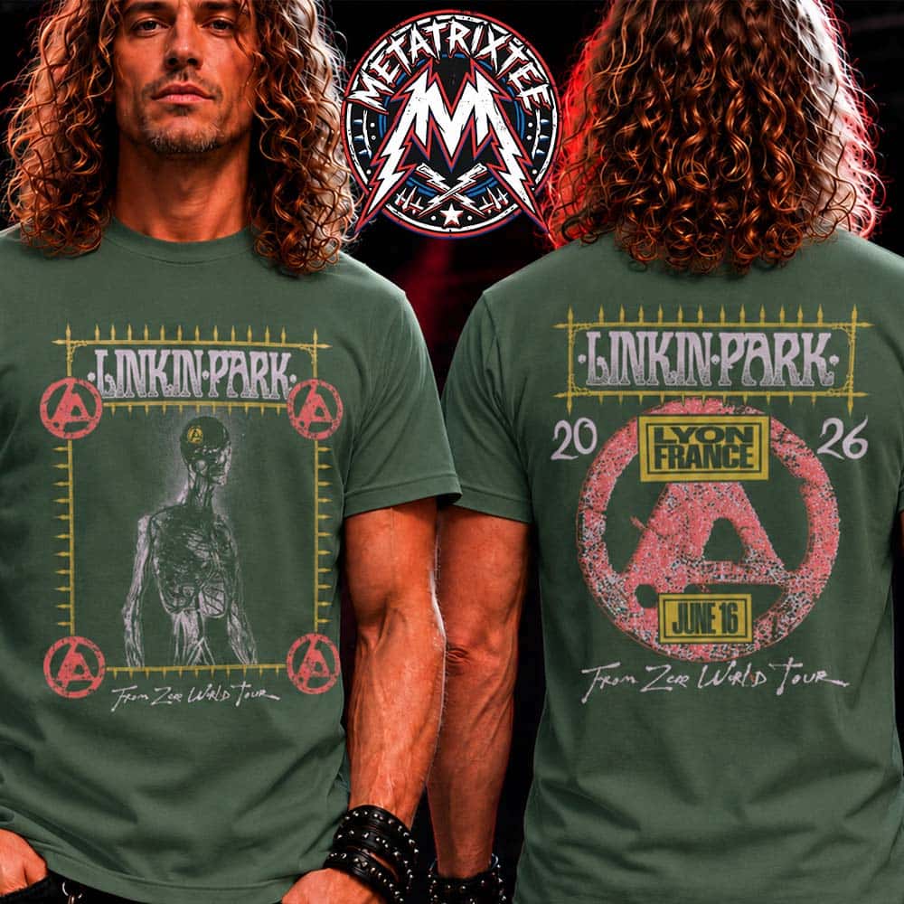 Linkin Park Lyon France 2026 Merchandise Tee For June 16 From Zero World Tour 2026 At Groupama Stadium Short Green T-Shirt Linkin Park Lyon France 2026 Merchandise Tee For June 16 From Zero World Tour 2026 At Groupama Stadium Short Green T-Shirt