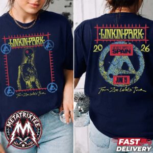 Woman wearing a navy linkin park santiago t-shirt showing the front graphic and back tour dates