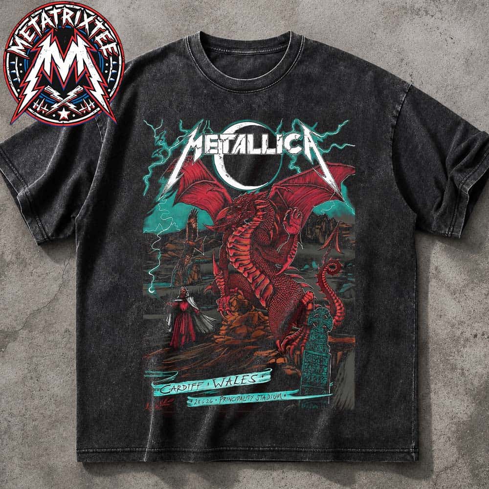 Metallica Cardiff Poster Main Show The Welsh Dragon Artist The Duchess Of Dark At Principality Stadium On 28 June 2026 For M72 Cardiff Wales Washed T-Shirt Metallica Cardiff Poster Main Show The Welsh Dragon Artist The Duchess Of Dark At Principality Stadium On 28 June 2026 For M72 Cardiff Wales Washed T-Shirt