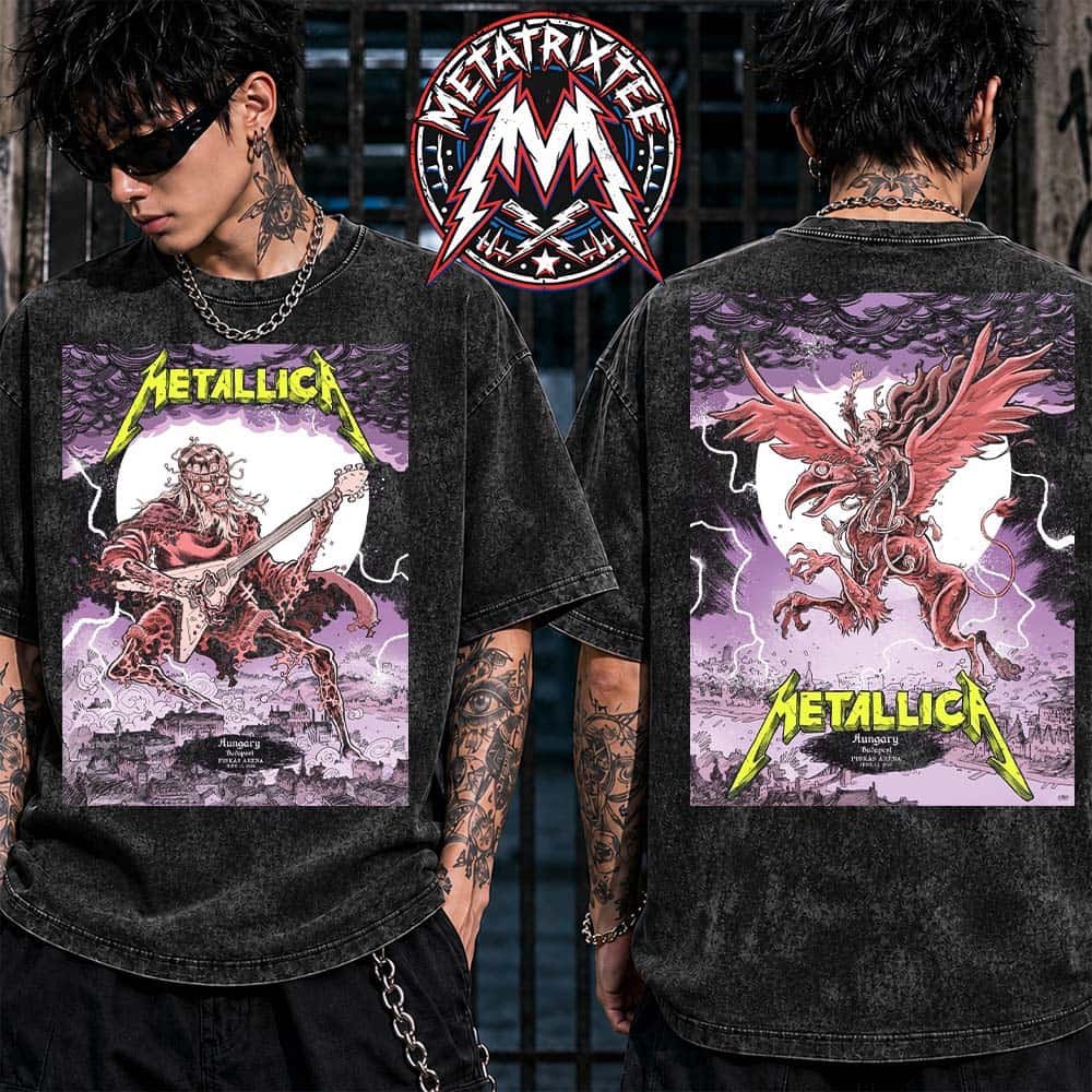 Metallica Hungary 2026 Full Night Poster By Mark Lazlo For M72 Budapest At Puskas Arena On June 11th And 13th 2026 Washed T-Shirt Metallica Hungary 2026 Full Night Poster By Mark Lazlo For M72 Budapest At Puskas Arena On June 11th And 13th 2026 Washed T-Shirt