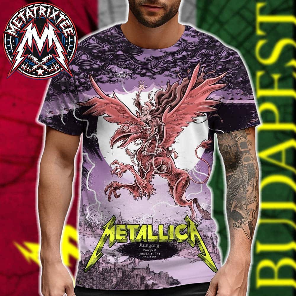Metallica M72 Budapest Griffin Gryphon Poster Night 2 In Hungary Art Mark Lazlo At Puskas Arena On June 13th 2026 All Over Print Shirt Metallica M72 Budapest Griffin Gryphon Poster Night 2 In Hungary Art Mark Lazlo At Puskas Arena On June 13th 2026 All Over Print Shirt