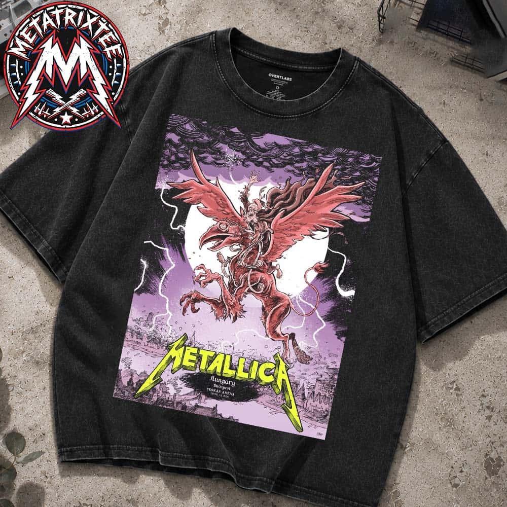 Metallica M72 Budapest Griffin Gryphon Poster Night 2 In Hungary Art Mark Lazlo At Puskas Arena On June 13th 2026 Black Washed T-Shirt Metallica M72 Budapest Griffin Gryphon Poster Night 2 In Hungary Art Mark Lazlo At Puskas Arena On June 13th 2026 Black Washed T-Shirt