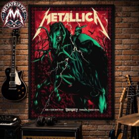 Framed Metallica M72 Budapest Pop-Up Poster Art By Alex Almeida For June 11th And 13th At Puskas Arena In Hungary Poster Canvas hanging on a brick wall. The dark, heavy metal design features a glowing green demonic horse and a skeletal rider under lightning bolts with the classic Metallica logo across the top.