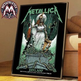 Framed metallica dublin poster canvas artwork leaning against a wall, showcasing an illustration of an irish skeleton goddess.