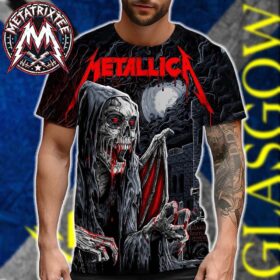 A man wearing a metallica glasgow all over print shirt with a hooded grim reaper artwork covering the fabric.