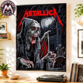 A menacing hooded skull creature with red wings by a graveyard on a Metallica glasgow poster canvas.