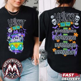 A side-by-side view showing the front and back details of the Mystery of the Pit Tee For Hellfest 2026 Clisson France On June 18 To June 21 2026 Two Sided Print Black T-Shirt. The front displays skeletons riding a colorful mystery van under the Hellfest logo, while the back features the official band lineup listed by date alongside spooky cartoon monsters, skulls, and orange flowers.