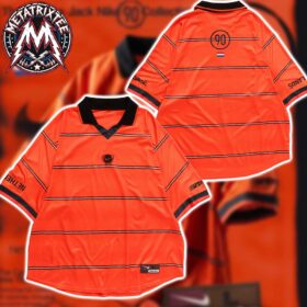 Orange travis scott netherlands jersey with thin horizontal black stripes shown in front and back views.
