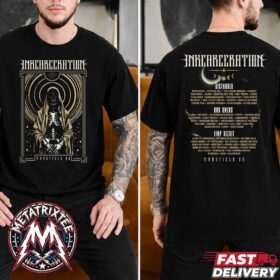 A man wearing the front and back view of the Night Wish Tee For Inkcarceration Festival 2026 In Mansfield Ohio On July 17-19 2026 At The Historic Ohio State Reformatory Black Short T-Shirt, featuring a grim reaper graphic on the front and the full band lineup on the back.