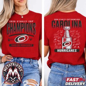 Official NHL Carolina Hurricanes Fanatics 2026 Stanley Cup Champions Signature Roster Two Sided Red T-Shirt
