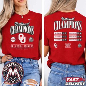 Official Oklahoma Sooners 2026 NCAA Baseball Men’s College World Series Champions Bench Boss Two Sided Red T-Shirt