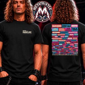 Man wearing the front and back of a black parklife festival line-up tee with a colorful artist list graphic printed on the back.
