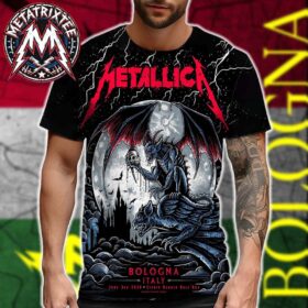 A man modeling the Pop-Up M72 Bologna Poster By Keith Stanley Shop Metallica On June 3rd 2026 At Stadio Renato Dall'Ara In Bologna Italy All Over Print Shirt, showcasing an edge-to-edge gothic artwork of a winged demon holding a skull underneath a massive red Metallica logo.