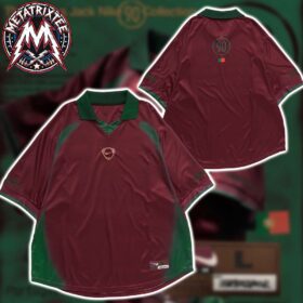 Maroon travis scott portugal jersey with a green collar and green side panels shown from front and back views.
