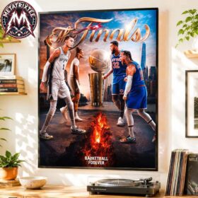A vibrant home decor poster canvas showing the San Antonio Spurs will take on the New York Knicks in the 2026 NBA Finals, featuring star players on the court, a championship trophy, a stylized fire graphics, and a city skyline background.