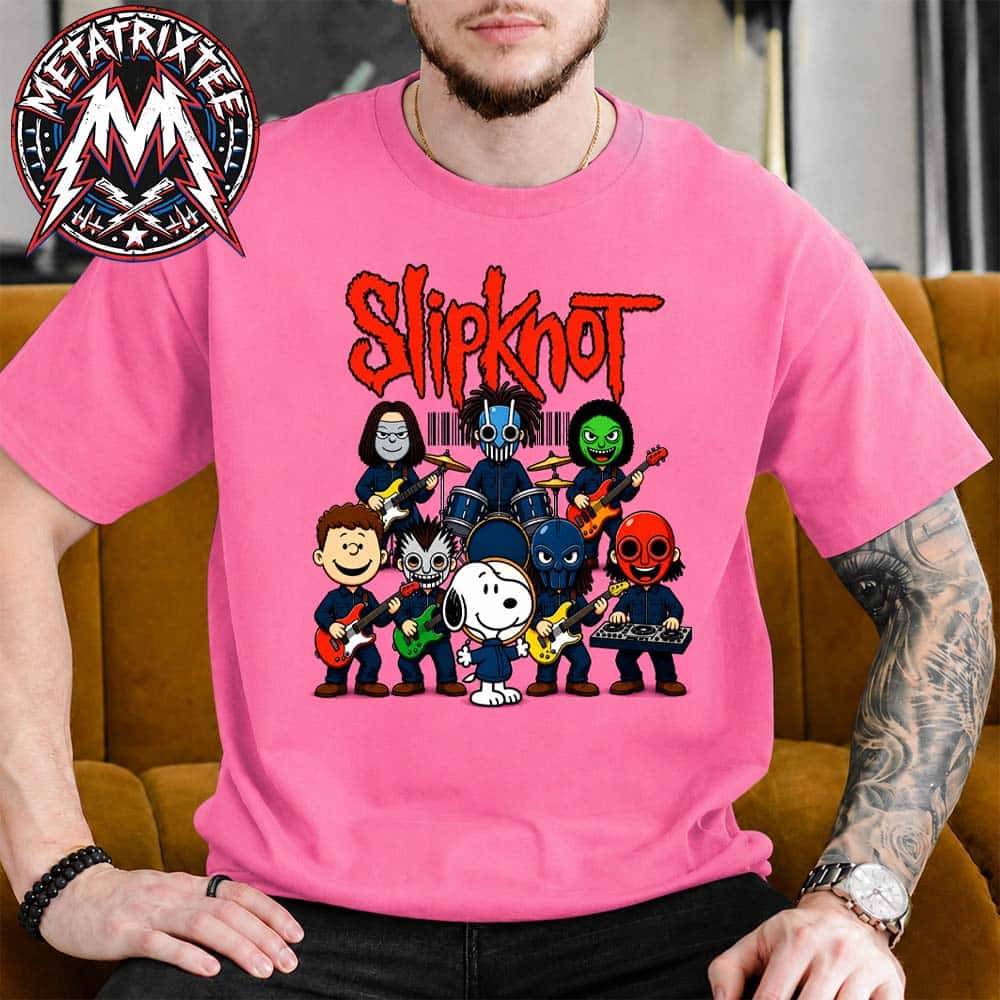 Slipknot x Snoopy Charlie Brown and Friends Rocking the Iconic Masks and Jumpsuits Pink T-Shirt Slipknot x Snoopy Charlie Brown and Friends Rocking the Iconic Masks and Jumpsuits Pink T-Shirt