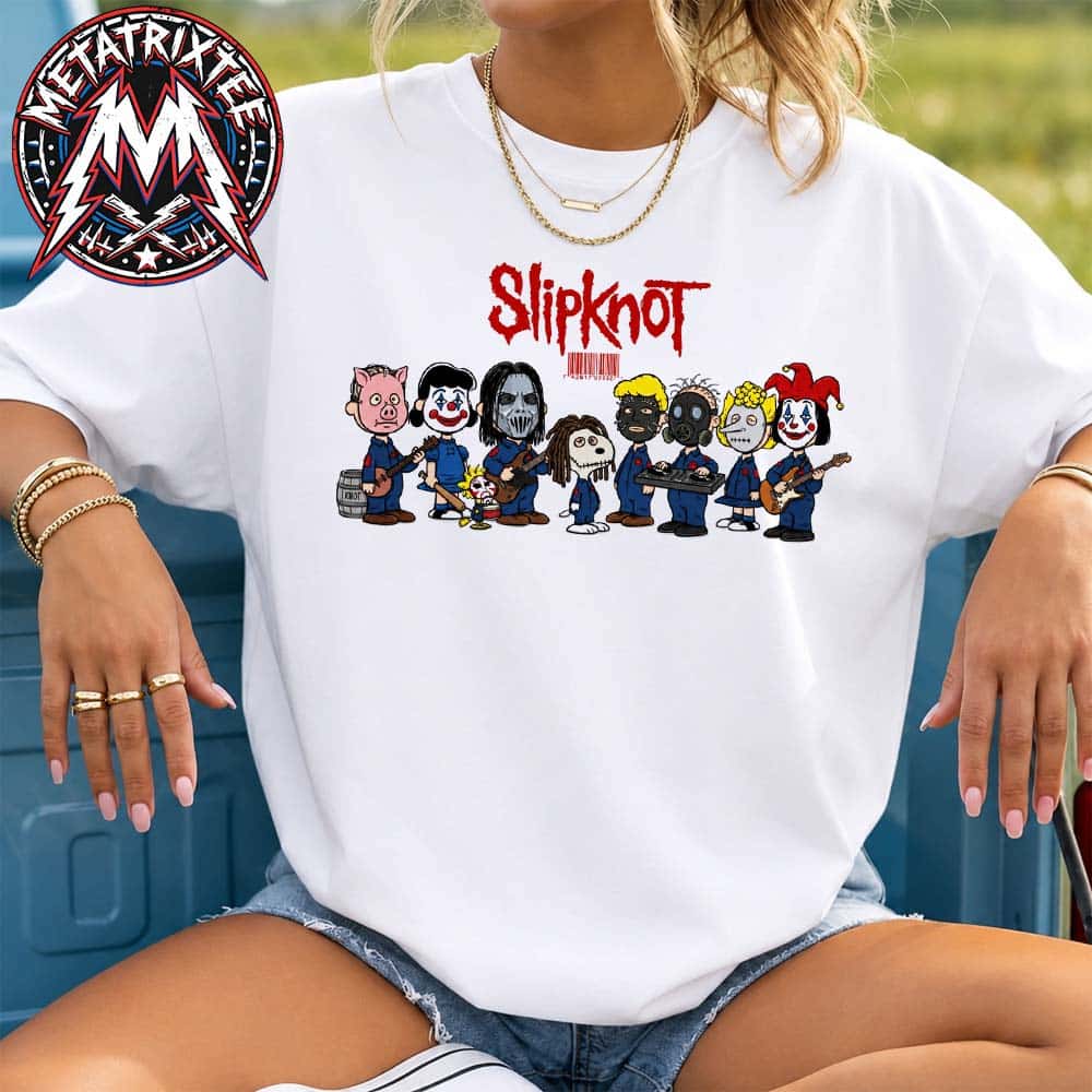 Slipknot x Snoopy Peanuts Gang Parody Heavy Metal White T-Shirt Slipknot x Snoopy Peanuts Gang Parody Heavy Metal White T-Shirt
